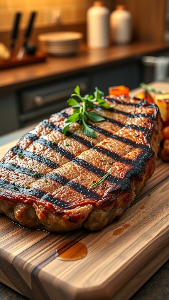 Juicy beef steak garnished with herbs on a wooden board with roasted vegetables.